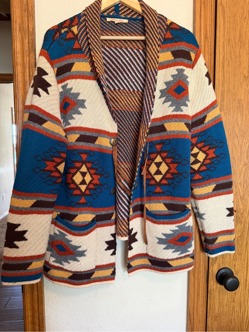 Southwestern Shawl Collar Cardigan Blazer - Blue & Cream